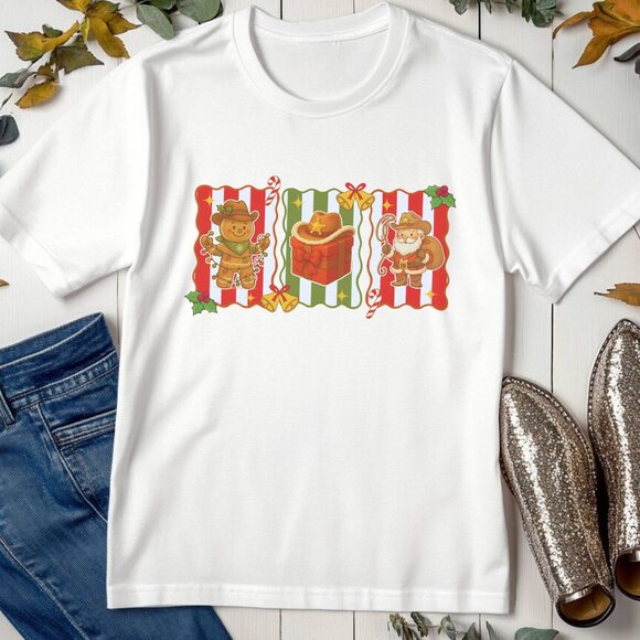 Western Christmas Graphic Tee Cowboy Howdy Santa Gingerbread Man T-Shirt - Picture 2 of 4